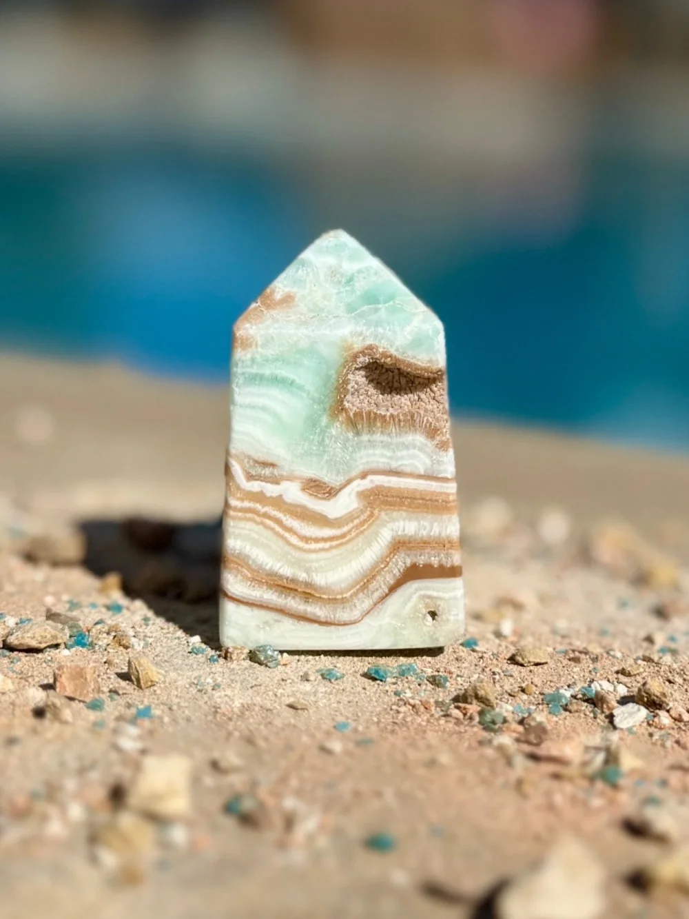 AAA Caribbean Blue Green Banded Aragonite Calcite Crystal Tower